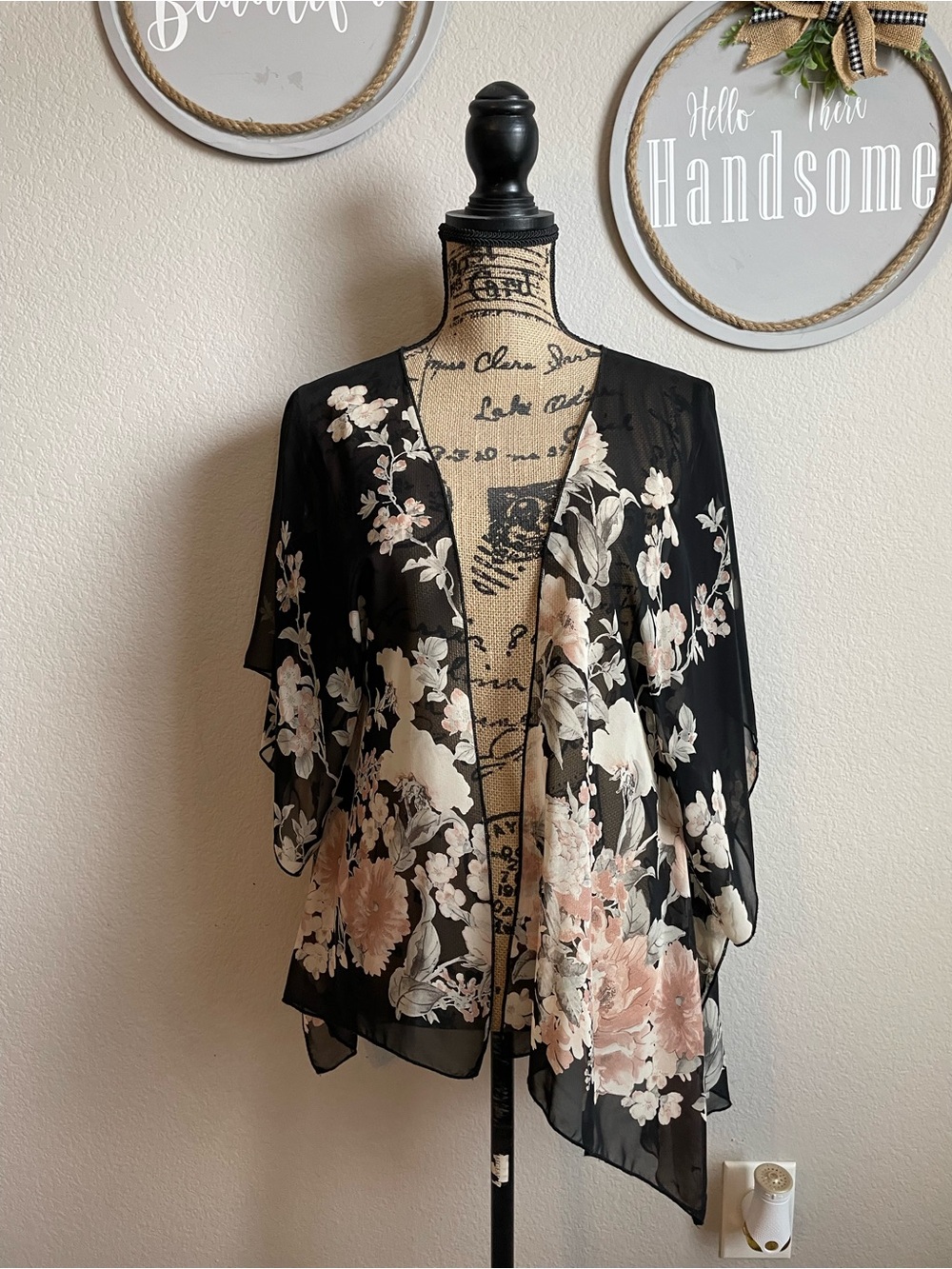 Black Floral Sheer Kimono Cover-Up
